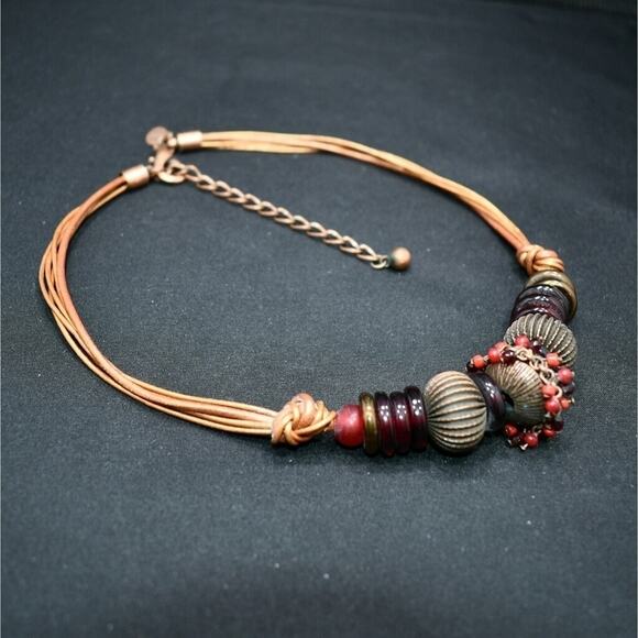 Chico’s Copper Leather Necklace Red Brown Beads Fringe Detail 5 Strands - Picture 8 of 9